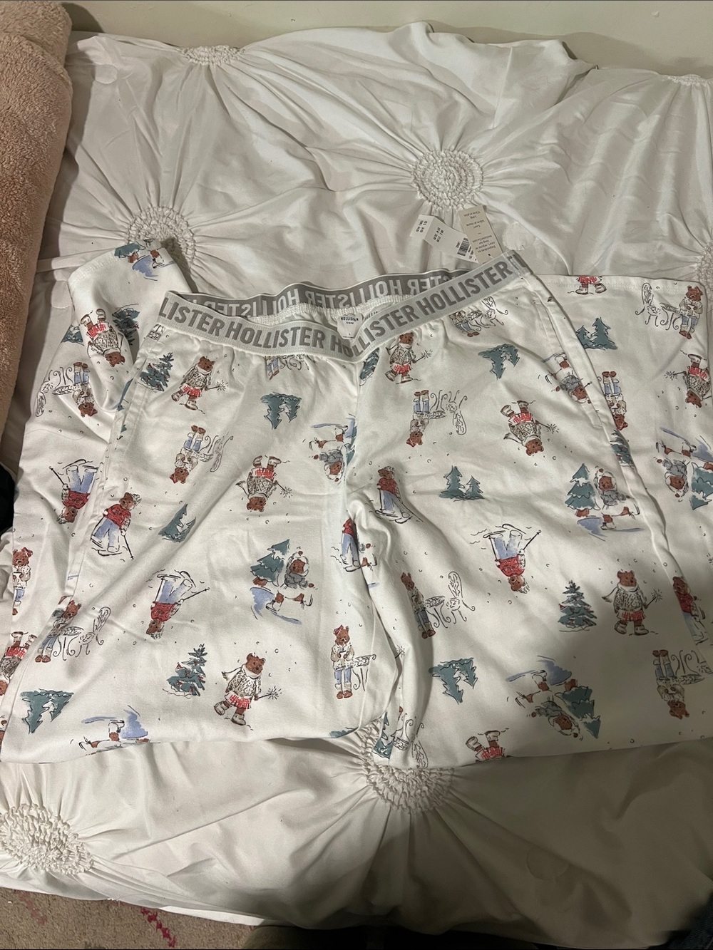 Hollister White Holiday Bear Print Lounge Pants with Blue and Red Accents